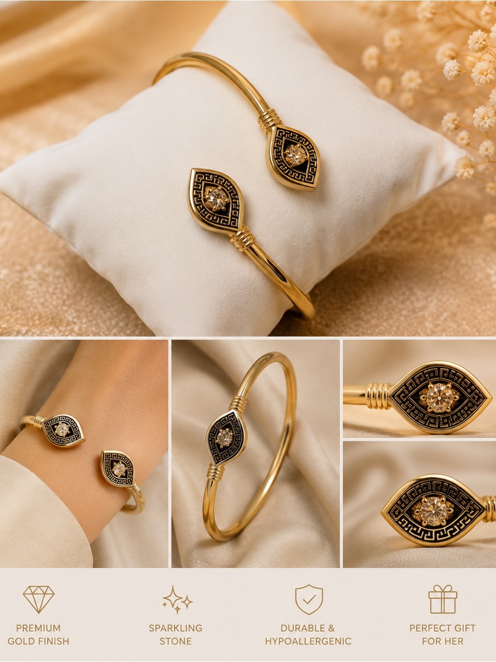 Gold-Tone Open Cuff Bracelet with Black Accents and Sparkling Stone